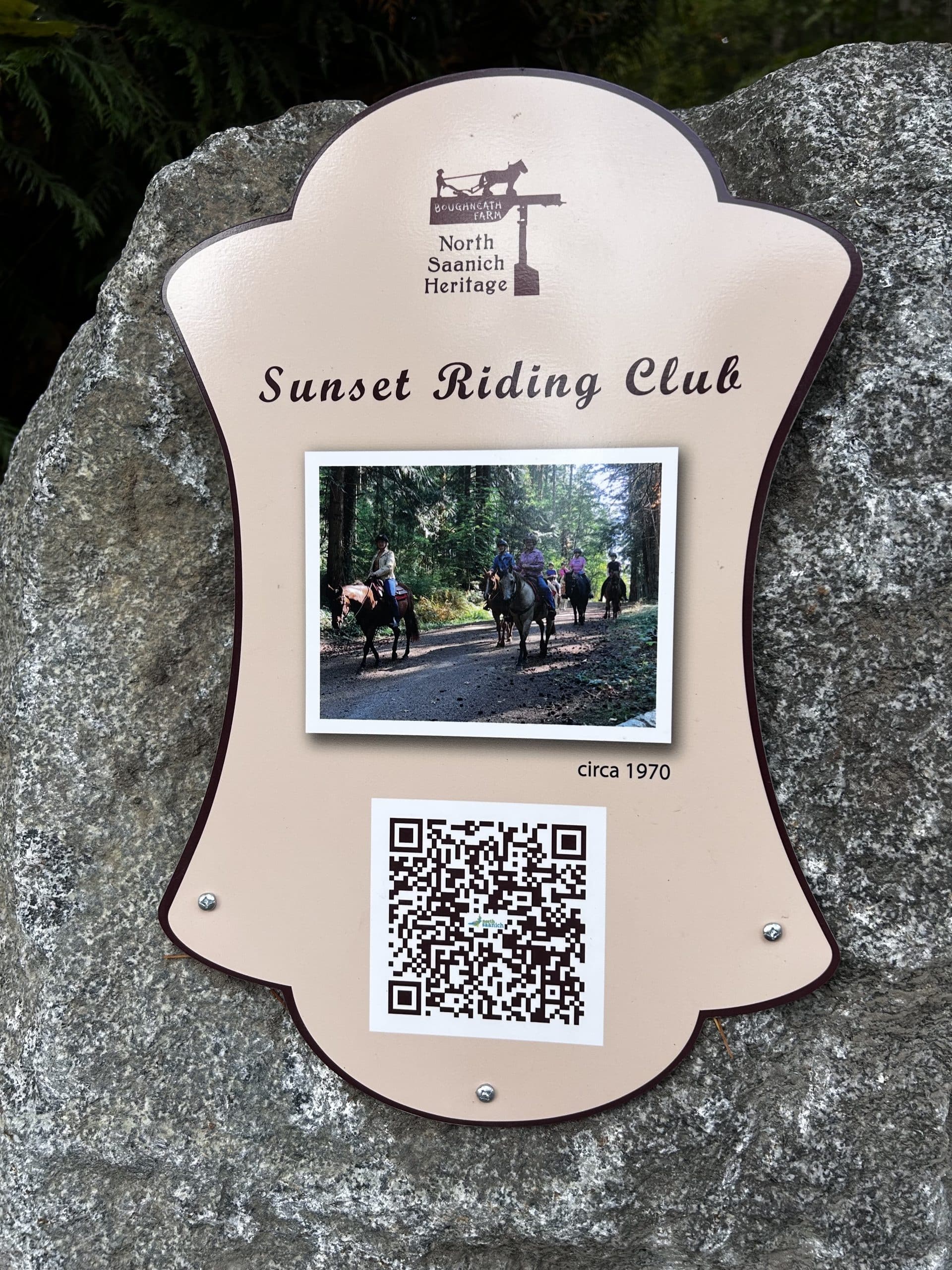 Photograph of the plaque at the end of the Clayton Trail where it meets Tatlow Road. It says, at the top, North Saanich Heritage, followed by Sunset Riding Club, with a photo of 7 women on horses. Three are in the foreground, and the four others are in the back. At the bottom, the sign says "circa 1970". 